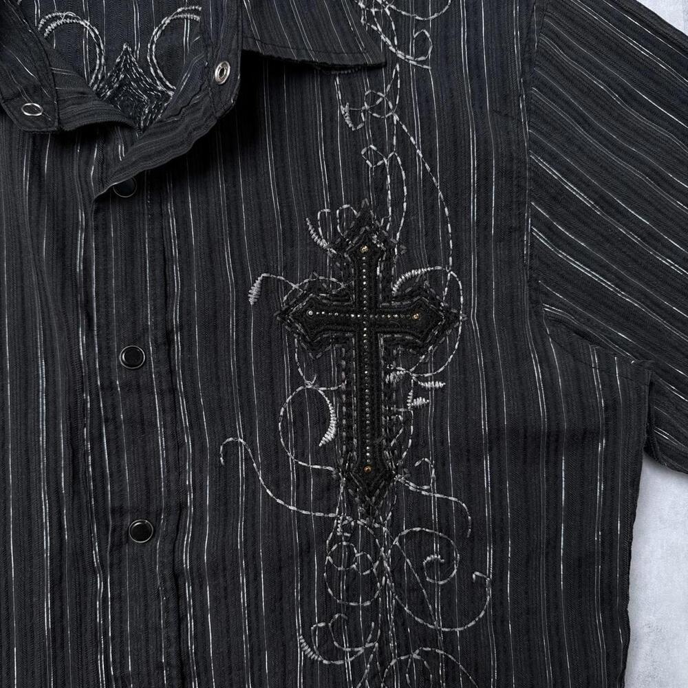 Y2K Lamasini Cross Embroidered 00s Button Up Shirt - Picture 6 of 7